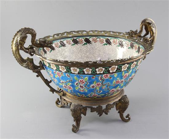 A Longwy chinoiserie ormolu mounted bowl, late 19th century, height 25.5cm